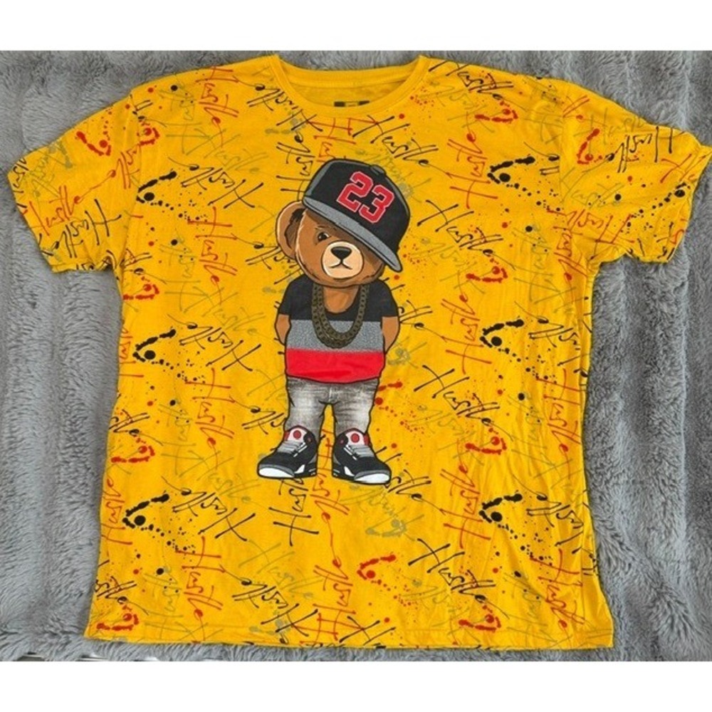 Hustle Gang Mens Yellow All Over Print Streetwear Bear Graphic T-Shirt Size 4XL